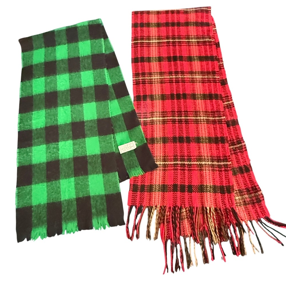 2pc Cashmere Feel Plaid Scarves Green Buffalo + Red‎ Tartan Style